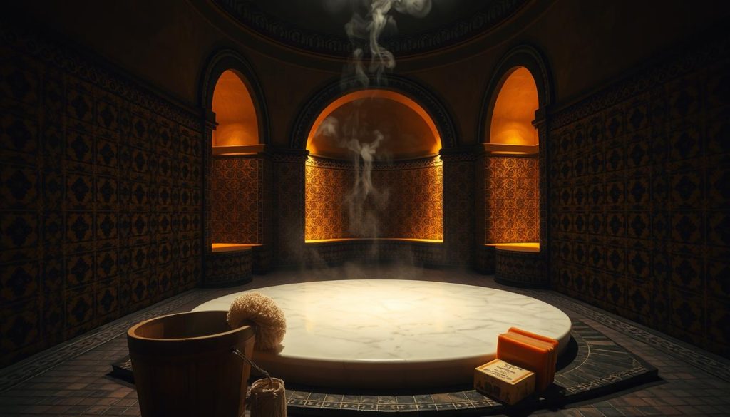 A dimly lit Turkish bath chamber, with intricate tile patterns adorning the walls and floors. In the foreground, a collection of traditional bathing accessories - a wooden bucket, a loofah, and a bar of aromatic soap. The middle ground features a central marble slab, steam gently rising from its surface, illuminated by soft, warm lighting. In the background, a series of domed alcoves, their arched entryways beckoning visitors to explore the tranquil, relaxing atmosphere. The scene conveys a sense of timeless tradition, inviting the viewer to imagine the soothing rituals and etiquette of a Turkish bath experience. A dimly lit Turkish bath chamber, with intricate tile patterns adorning the walls and floors. In the foreground, a collection of traditional bathing accessories - a wooden bucket, a loofah, and a bar of aromatic soap. The middle ground features a central marble slab, steam gently rising from its surface, illuminated by soft, warm lighting. In the background, a series of domed alcoves, their arched entryways beckoning visitors to explore the tranquil, relaxing atmosphere. The scene conveys a sense of timeless tradition, inviting the viewer to imagine the soothing rituals and etiquette of a Turkish bath experience.