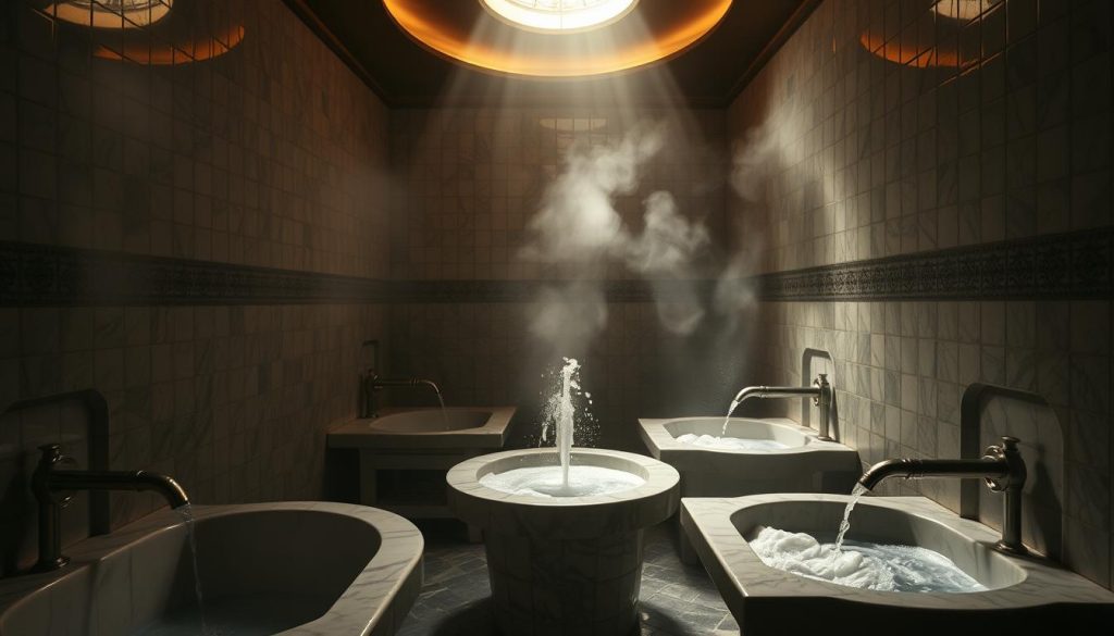 A dimly lit, cozy interior of a traditional Turkish hammam, with steam-filled air and intricate tile patterns lining the walls. Soft, natural lighting from above casts a warm glow, creating a serene and calming atmosphere. The focus is on the luxurious marble sinks and fountains, where soapy water cascades gently, inviting visitors to indulge in a soothing, rejuvenating experience. The scene evokes a sense of tranquility and escape from the bustling city outside, capturing the essence of a personal, immersive massage therapy session.