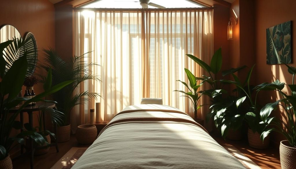 A dimly lit, cozy studio with warm, earthy tones. A massage table stands in the center, draped with soft, plush linens. Gentle rays of sunlight filter through sheer curtains, casting a soothing glow. Lush tropical plants adorn the periphery, their lush foliage adding to the tranquil ambiance. Bottles of fragrant oils and soothing music in the background create a sanctuary of relaxation. The camera captures the scene from a low angle, emphasizing the serene and rejuvenating atmosphere of a Lomi Lomi massage session. A dimly lit, cozy studio with warm, earthy tones. A massage table stands in the center, draped with soft, plush linens. Gentle rays of sunlight filter through sheer curtains, casting a soothing glow. Lush tropical plants adorn the periphery, their lush foliage adding to the tranquil ambiance. Bottles of fragrant oils and soothing music in the background create a sanctuary of relaxation. The camera captures the scene from a low angle, emphasizing the serene and rejuvenating atmosphere of a Lomi Lomi massage session.