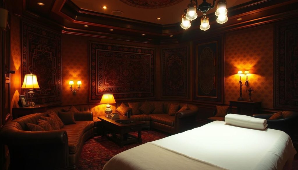 A dimly lit massage parlor in Istanbul, its interior bathed in warm, amber-hued lighting. Plush, ornate furnishings evoke the city's rich cultural heritage. Intricately patterned rugs and tapestries adorn the walls, creating a cozy, intimate atmosphere. In the foreground, a massage table stands ready, inviting weary patrons to unwind after a long day. Soft, soothing music plays in the background, complementing the serene ambiance. The scene conveys a sense of tranquility and escape, transporting the viewer to a haven of relaxation amidst the bustling city.