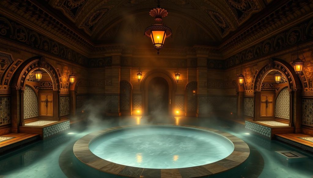 A dimly lit, opulent Turkish bath chamber with intricate, carved stone walls and a central, steaming, marble-clad plunge pool. Soft, ambient lighting from ornate, hanging lanterns creates a warm, tranquil atmosphere. Decorative, tiled alcoves line the periphery, hinting at private massage and relaxation areas. The air is heavy with the soothing aromas of essential oils, enveloping the viewer in a sensory experience of luxurious, cultural immersion. A high, domed ceiling arches overhead, adding to the grandiose, historical ambiance. The scene evokes a sense of timeless, therapeutic rejuvenation.