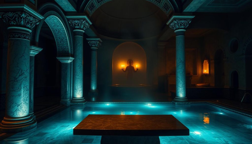 A dimly lit, opulent Turkish bath interior with steam-filled air and warm, diffused lighting. The foreground features elegant marble columns, arched entryways, and intricate tile work in shades of blue and green. In the middle ground, a luxurious heated stone slab, where patrons can relax and experience the therapeutic benefits of the hot, humid environment. The background showcases a tranquil, atmospheric scene with a domed ceiling and soft, ambient lighting, creating a serene and rejuvenating ambiance. The overall composition conveys the restorative and indulgent nature of the traditional Turkish bath experience.
