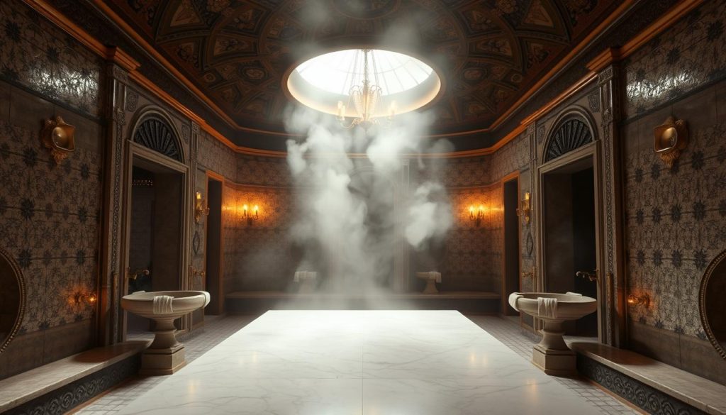 A dimly lit, opulent Turkish hamam interior with ornate tiled walls, a central domed ceiling, and a large, heated marble slab in the foreground. Soft, diffused lighting filters through steam, creating a hazy, atmospheric ambiance. Elegant stone basins, brass fittings, and plush, textured towels accent the scene, evoking the soothing, rejuvenating experience of a traditional hamam treatment. The overall composition conveys a sense of timeless, luxurious relaxation.
