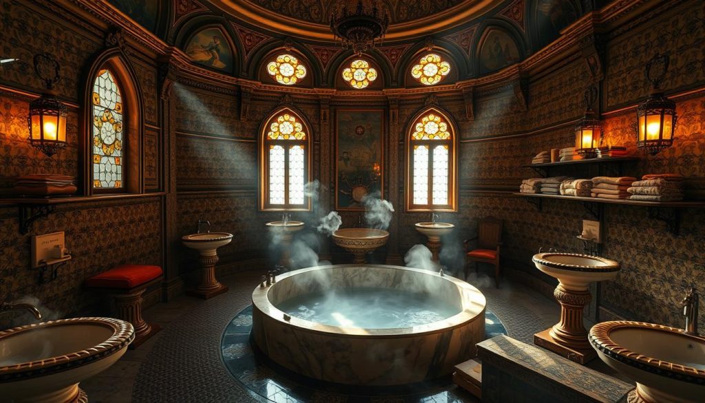 A dimly lit, opulent Turkish hammam interior, with intricate tile patterns and ornate architectural details. Sunlight filters through stained glass windows, casting warm, golden hues across the scene. In the center, a large, steaming marble bath, surrounded by ornate washbasins and shelves laden with traditional bathing accoutrements - fragrant soaps, lush towels, and decorative basins. The air is thick with the scent of eucalyptus and rose, creating a serene, almost mystical atmosphere. The overall impression is one of timeless luxury and tranquility, transporting the viewer to the heart of a centuries-old Turkish bathing ritual.