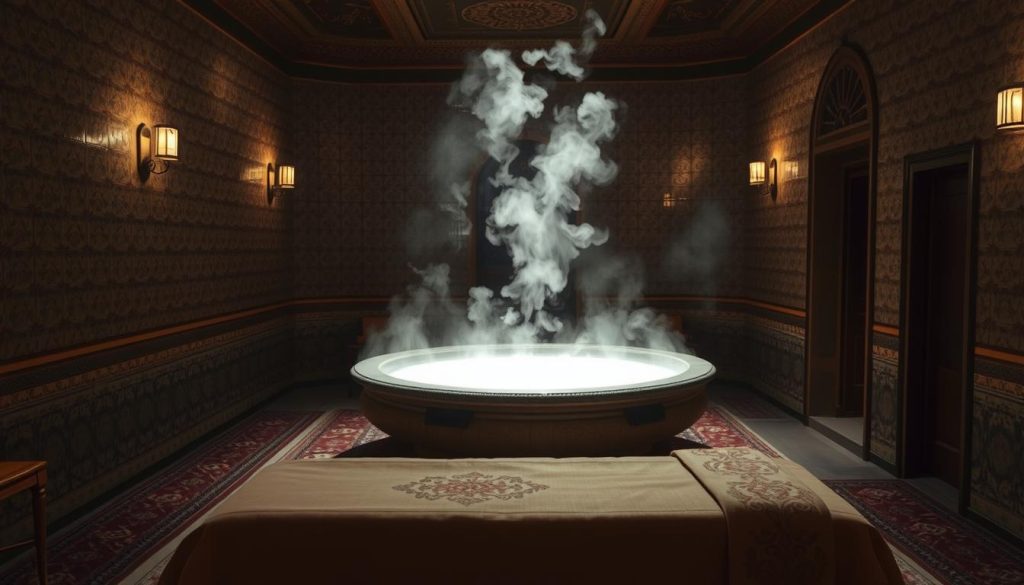A dimly lit, opulent chamber within an Istanbul bathhouse. Intricate, tile-covered walls create an atmosphere of traditional Turkish elegance. A large, ornate stone basin filled with steaming water takes center stage, tendrils of mist rising from its surface. Plush, patterned rugs and soft lighting accentuate the warmth and serenity of the space. In the foreground, a wooden massage table awaits, adorned with rich, embroidered linens. The scene evokes the centuries-old practice of Turkish massage, a tranquil oasis amidst the bustling energy of the historic city.