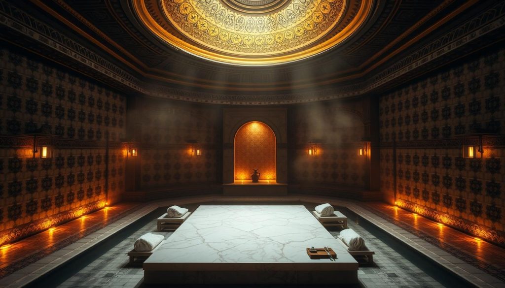 A dimly lit, ornate Turkish hamam with intricate tile work lining the walls. Warm, soft lighting filters through the steam, casting a golden glow on the domed ceiling. In the center, a large, heated marble platform stands, inviting visitors to relax and unwind. Plush towels and traditional bath accessories are neatly arranged, ready for the ultimate pampering experience. The atmosphere is serene, calming, and transports the viewer to a timeless, luxurious oasis of relaxation. A dimly lit, ornate Turkish hamam with intricate tile work lining the walls. Warm, soft lighting filters through the steam, casting a golden glow on the domed ceiling. In the center, a large, heated marble platform stands, inviting visitors to relax and unwind. Plush towels and traditional bath accessories are neatly arranged, ready for the ultimate pampering experience. The atmosphere is serene, calming, and transports the viewer to a timeless, luxurious oasis of relaxation.