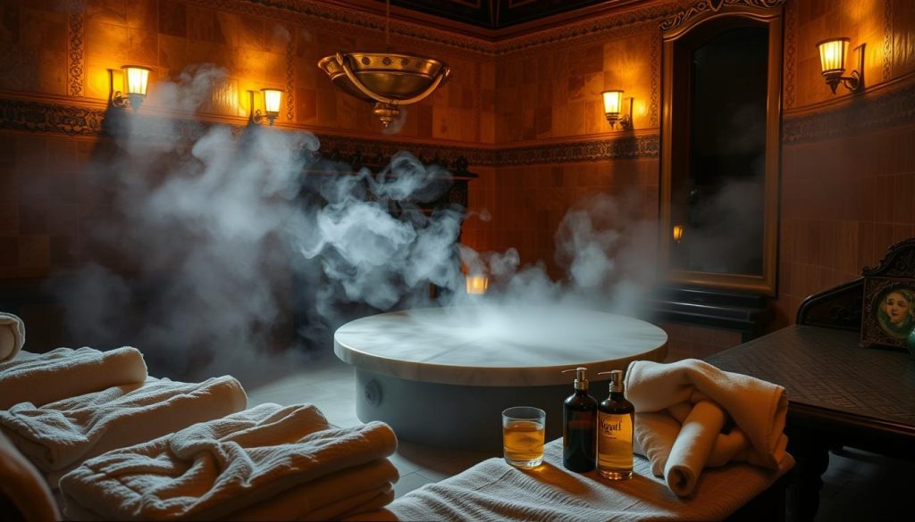 A dimly lit room, walls adorned with intricate tiles in warm hues, steam rising from a central marble slab. Plush towels and aromatic oils laid out, awaiting the guest's arrival. Soft ambient lighting casts a cozy glow, while the air is thick with the scent of eucalyptus and mint. Ornate brass fittings and intricately carved wooden benches suggest an authentic Turkish bath experience. The scene evokes a sense of timeless tradition and relaxation, inviting the viewer to envision the tranquil massage to come. A dimly lit room, walls adorned with intricate tiles in warm hues, steam rising from a central marble slab. Plush towels and aromatic oils laid out, awaiting the guest's arrival. Soft ambient lighting casts a cozy glow, while the air is thick with the scent of eucalyptus and mint. Ornate brass fittings and intricately carved wooden benches suggest an authentic Turkish bath experience. The scene evokes a sense of timeless tradition and relaxation, inviting the viewer to envision the tranquil massage to come.