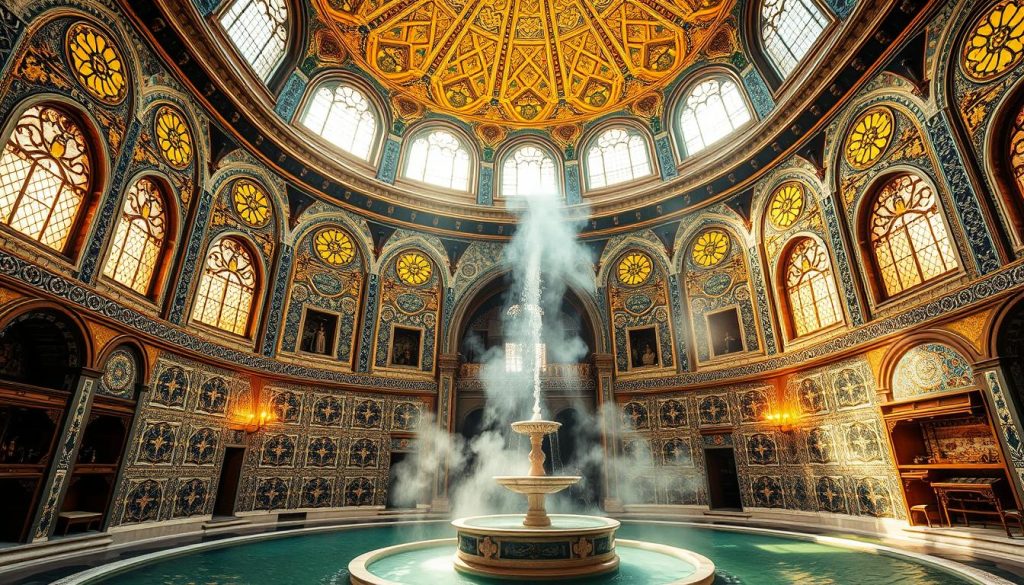 A grand Turkish bath, the architectural masterpiece of Mimar Sinan, stands timeless in its splendor. Domed ceilings soar overhead, bathed in warm, golden light filtering through intricate stained-glass windows. Intricate tilework in shades of blue and green adorn the walls, creating a mesmerizing kaleidoscope of colors. Steam rises from the central marble fountain, enveloping the space in a hazy, soothing atmosphere. Ornate alcoves and recessed shelves dot the periphery, hinting at the rituals and relaxation that once took place here. The overall scene exudes a sense of grandeur, history, and the architect's unparalleled mastery of form and function.