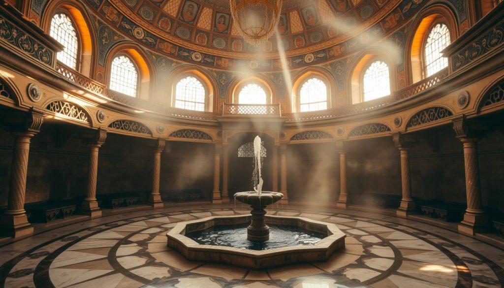 A grand, domed chamber bathed in warm, amber light, the steam-filled air hinting at the centuries-old ritual within. Ornate tilework and intricate latticework adorn the walls, casting intricate patterns across the marble floors. A central fountain gurgles softly, its tranquil waters mirroring the tranquil atmosphere. Sunlight filters through high windows, casting a serene, contemplative glow. The timeless elegance of the traditional Turkish hammam, a testament to the historical roots of massage and wellness in this ancient land. A grand, domed chamber bathed in warm, amber light, the steam-filled air hinting at the centuries-old ritual within. Ornate tilework and intricate latticework adorn the walls, casting intricate patterns across the marble floors. A central fountain gurgles softly, its tranquil waters mirroring the tranquil atmosphere. Sunlight filters through high windows, casting a serene, contemplative glow. The timeless elegance of the traditional Turkish hammam, a testament to the historical roots of massage and wellness in this ancient land.