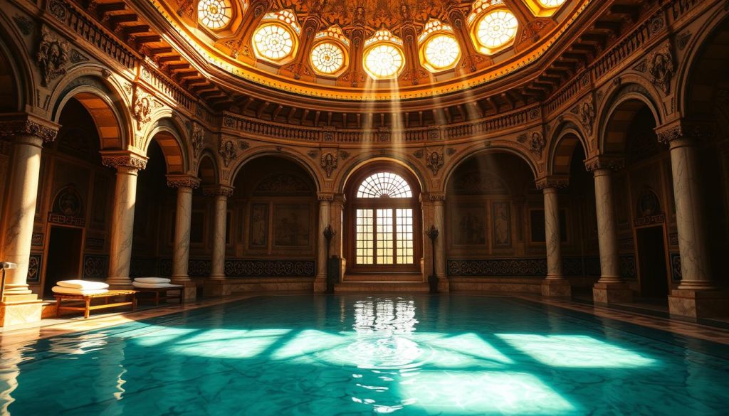 A grand, historical Turkish bath house, the Hürrem Sultan Hammam, stands majestically in Istanbul. Sunlight filters through the intricately carved domes, casting a warm, golden glow upon the ornate, marble interior. Intricate patterns and geometric designs adorn the walls, creating an atmosphere of tranquility and relaxation. Plush towels and soft, luxurious robes await guests, who can indulge in the soothing, therapeutic waters and experience the rejuvenating rituals of traditional Turkish massage techniques. The serene, otherworldly ambiance transports visitors to a bygone era, offering a truly immersive and rejuvenating spa experience.