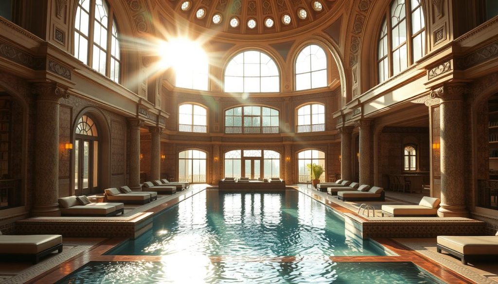 A grand, luxurious spa nestled within the opulent Çırağan Palace Kempinski, bathed in warm, golden light filtering through large windows. Elegant Turkish architectural details adorn the interior, with intricate tiled walls and high domed ceilings. Plush, inviting lounge areas surround a serene, tranquil pool, its waters shimmering with a sense of peaceful relaxation. Soft, diffused lighting creates a soothing, calming atmosphere, inviting visitors to unwind and indulge in the finest spa services. The scene exudes an air of sophisticated, timeless elegance, perfectly capturing the essence of this renowned Istanbul spa destination.