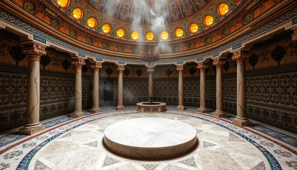 A grand, opulent Ottoman-era hamam nestled in the heart of the Anatolian side, its domed ceilings and intricate tilework reflecting the warm glow of soft lighting. The central marble slab stands majestically, inviting visitors to indulge in the time-honored rituals of cleansing and relaxation. Intricate patterns of blue, green, and white tiles adorn the walls, creating a serene and elegant atmosphere. Wisps of steam gently rise, enveloping the space in a sense of timeless tranquility. The hamam's grandeur and historical significance evoke the rich cultural heritage of the Anatolian region, making it a must-visit destination for those seeking an authentic and rejuvenating experience.