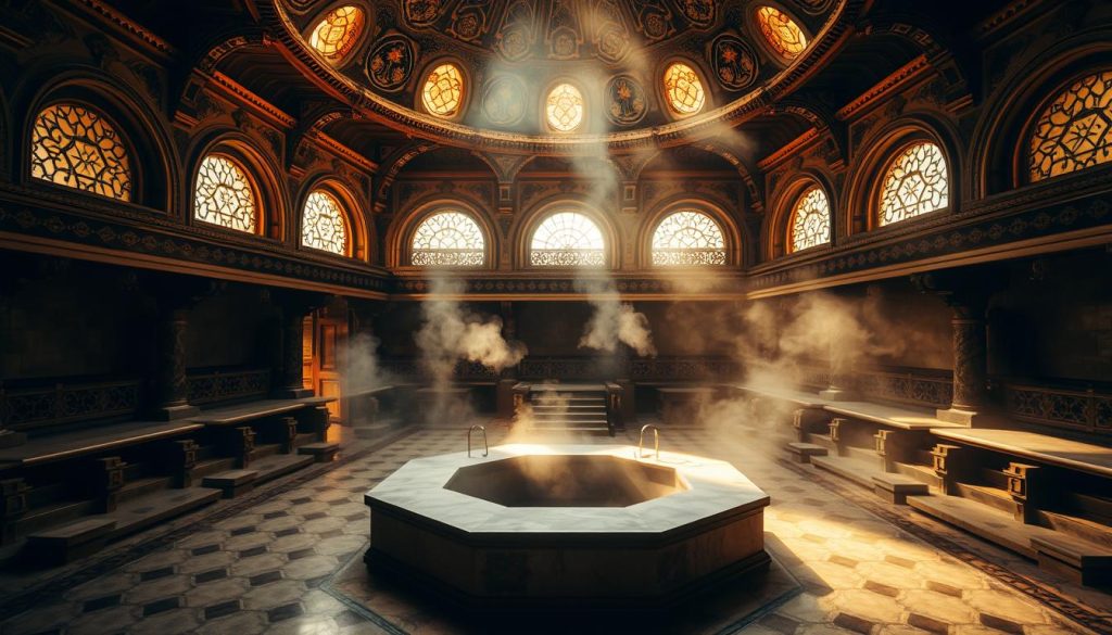 A grand, ornate interior of a traditional Turkish bath (hammam) in Istanbul, bathed in warm, golden light filtering through intricate, decorative domes and arched windows. Elaborately tiled walls and floors, with a central, octagonal, sunken marble pool surrounded by raised platforms for reclining. Thick, billowing steam gently fills the air, creating a hazy, soothing atmosphere. Shadowy, mysterious corners and alcoves hint at the tranquil, purifying rituals that take place within this historic, opulent space.