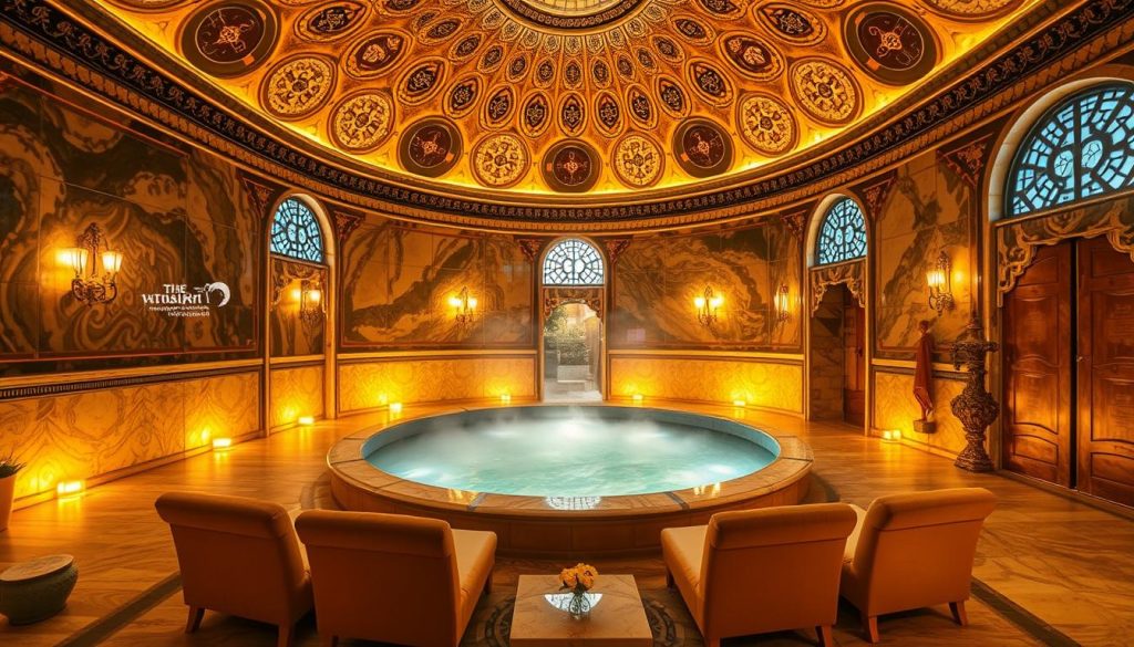 A lush, opulent Turkish bath oasis in the heart of Istanbul's vibrant Asian side. The ornate domed ceilings and intricate tiled walls create an immersive, traditional atmosphere. Soft, warm lighting casts a golden glow, accentuating the luxurious marble features. A centrally placed, steaming pool is surrounded by plush lounging areas, inviting visitors to indulge in a pampering massage experience. Fragrant essential oils, soothing music, and the gentle sound of trickling water evoke a sense of tranquility and relaxation. The scene exudes an air of sophisticated wellness, transporting guests to a serene haven amidst the bustling city.