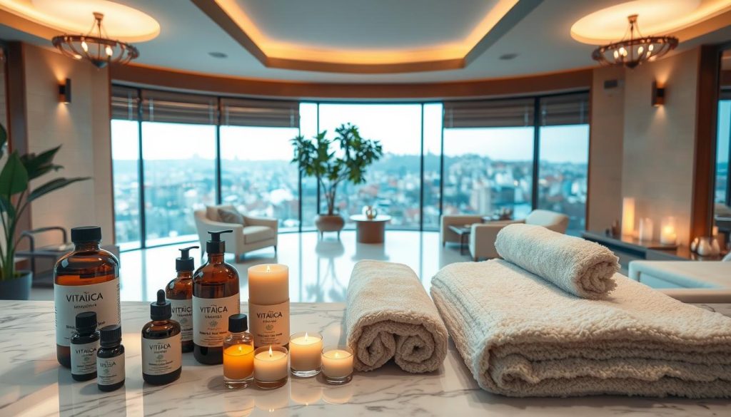 A lush, serene spa setting featuring Vitalica Wellness' signature treatments. In the foreground, an array of essential oils, candles, and plush towels on a marble counter. The middle ground showcases a tranquil relaxation area with plush armchairs and soft, diffused lighting. In the background, a view of the Istanbul cityscape through floor-to-ceiling windows, hinting at the spa's urban oasis ambiance. The scene evokes a sense of calming luxury, inviting the viewer to indulge in Vitalica's mind-boosting spa experience. Shot with a wide-angle lens to capture the serene, spacious atmosphere.