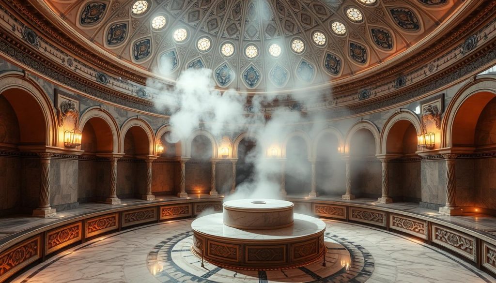 A luxurious Turkish bath experience unfolds in a grand, domed chamber. Soft, diffused lighting filters through decorative tiles, casting a warm, soothing glow. Ornate marble surfaces gleam, inviting visitors to indulge in the timeless ritual of cleansing and relaxation. Intricate arched alcoves line the perimeter, hinting at the tranquil massage stations beyond. Plumes of fragrant steam rise from a central heated plinth, enveloping the space in a calming, mist-like atmosphere. Elegant architectural details, such as ornate columns and detailed carvings, evoke the rich cultural heritage of this historic setting. The entire scene exudes a sense of timeless serenity, beckoning guests to immerse themselves in the serene, time-honored Turkish bath experience.