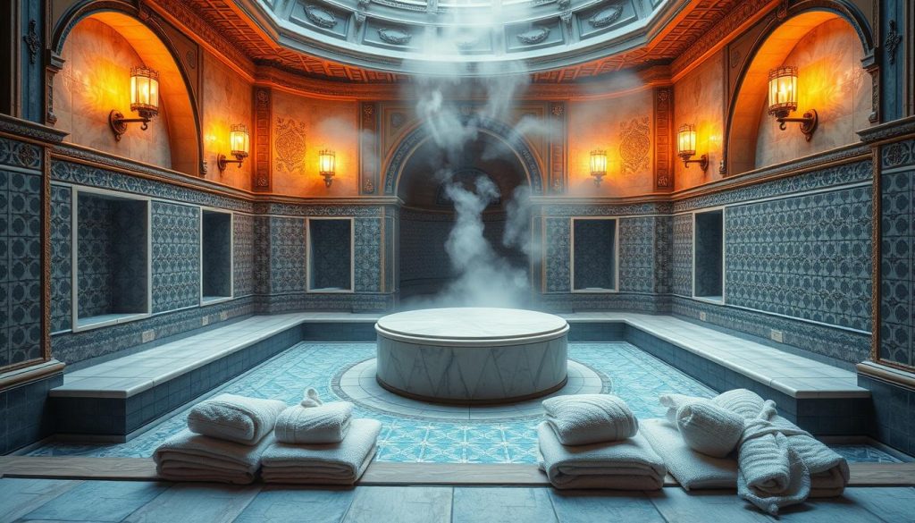 A luxurious Turkish bath interior, with intricate tile patterns and ornate architectural details. Warm, ambient lighting casts a gentle glow, creating a soothing, tranquil atmosphere. A central, domed marble plinth stands in the middle of the room, surrounded by alcoves and recessed benches. Steam gently rises, enveloping the space in a hazy, calming mist. Plush towels and fluffy robes are neatly folded, inviting guests to indulge in the rejuvenating spa experience. The scene evokes a sense of timeless elegance and traditional Turkish wellness rituals. A luxurious Turkish bath interior, with intricate tile patterns and ornate architectural details. Warm, ambient lighting casts a gentle glow, creating a soothing, tranquil atmosphere. A central, domed marble plinth stands in the middle of the room, surrounded by alcoves and recessed benches. Steam gently rises, enveloping the space in a hazy, calming mist. Plush towels and fluffy robes are neatly folded, inviting guests to indulge in the rejuvenating spa experience. The scene evokes a sense of timeless elegance and traditional Turkish wellness rituals.
