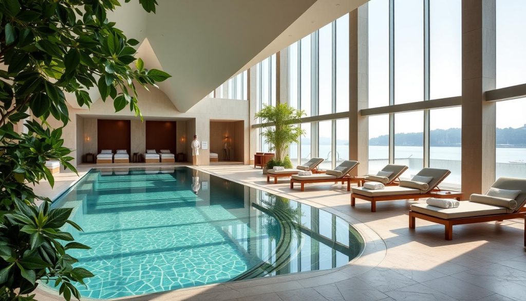 A luxurious and serene Four Seasons Bosphorus Spa, with lush, verdant foliage and a calming, minimalist interior. Elegant stone floors, subdued lighting, and sleek, modern furnishings create an atmosphere of tranquility. The focal point is a magnificent heated indoor pool, its crystal-clear waters reflecting the natural light streaming in through large windows overlooking the Bosphorus. Plush lounge chairs and private treatment rooms line the perimeter, offering a range of indulgent spa services. Soft, muted colors and natural materials like wood and marble evoke a sense of sophisticated relaxation. The overall mood is one of indulgence, restoration, and escape from the outside world.