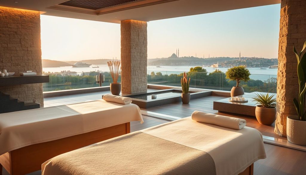 A luxurious and serene spa retreat nestled in the heart of the Anatolian Side, Istanbul. A tranquil oasis with a stylish, modern interior featuring natural stone walls, soft lighting, and plush textiles. In the foreground, a selection of premium massage treatment tables awaits, inviting visitors to indulge in a rejuvenating experience. The middle ground showcases a calming, minimalist design with potted plants and serene water features, creating a harmonious ambiance. The background reveals a panoramic view of the Bosphorus Strait, with the iconic Istanbul skyline in the distance, bathed in warm, golden afternoon light.