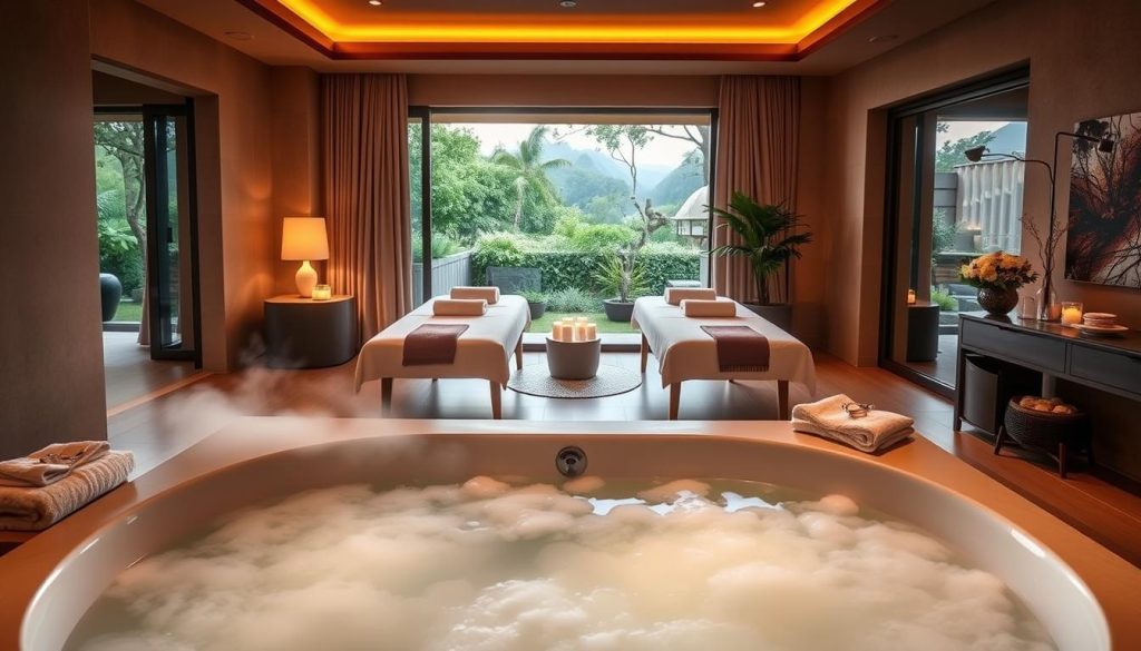 A luxurious couples' spa suite, bathed in soft, warm lighting. In the foreground, a spacious, minimalist tub filled with steaming, aromatic water. Plush towels and robes await nearby. In the middle ground, two elegant massage tables positioned side-by-side, with soothing scented candles and a tranquil water feature. The background showcases a serene, nature-inspired decor, with a view of a lush, private garden visible through large windows. An atmosphere of indulgence, relaxation, and intimate connection pervades the scene. A luxurious couples' spa suite, bathed in soft, warm lighting. In the foreground, a spacious, minimalist tub filled with steaming, aromatic water. Plush towels and robes await nearby. In the middle ground, two elegant massage tables positioned side-by-side, with soothing scented candles and a tranquil water feature. The background showcases a serene, nature-inspired decor, with a view of a lush, private garden visible through large windows. An atmosphere of indulgence, relaxation, and intimate connection pervades the scene.