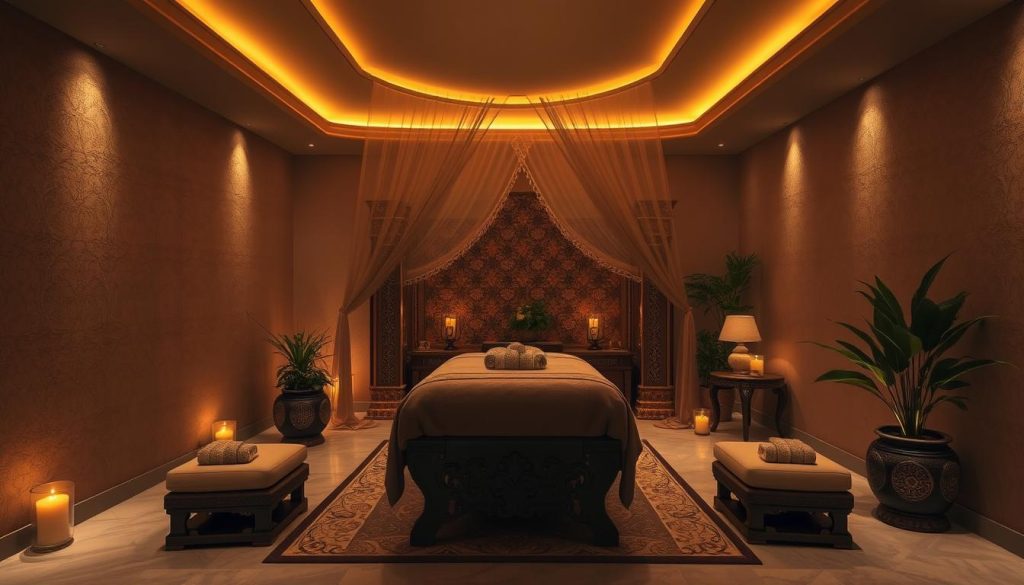 A luxurious, dimly lit spa room at the Ciragan Palace Kempinski Istanbul, featuring opulent Ayurvedic-inspired decor. Plush, textured walls in muted tones create a serene ambiance. Soft, warm lighting casts a golden glow, illuminating the ornate, carved wooden furniture and elegant drapes. In the center, a lavish massage table is adorned with sumptuous fabrics and surrounded by intricate, carved latticework. Fragrant candles and lush potted plants accent the space, evoking a sense of tranquility and indulgence. The scene exudes an atmosphere of luxurious relaxation, perfectly capturing the essence of the Ayurvedic treatments offered at this renowned Istanbul destination.