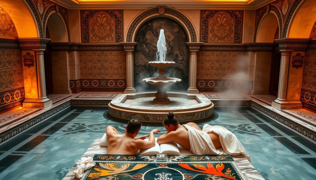A luxurious spa day in Istanbul, set in a tranquil Turkish bath. A couple relaxes side-by-side on plush cushions, as steam rises from the ornate marble fountain. The warm, golden lighting casts a soft glow, while intricate tile patterns and arched doorways create an authentic, historical ambiance. In the foreground, two attendants perform a traditional massage, their movements graceful and soothing. A sense of serenity and indulgence pervades the scene, transporting the viewer to a serene oasis in the heart of the bustling city.