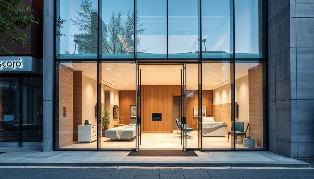 A modern, state-of-the-art rehabilitation center nestled in the bustling streets of Istanbul. A sleek, minimalist exterior of glass and steel, reflecting the city's skyline. Through the entrance, a tranquil lobby with soothing lighting and natural materials, exuding a sense of calm and healing. In the background, glimpses of patients undergoing various therapies in well-equipped, airy treatment rooms. The scene evokes a harmonious blend of advanced medical technology and holistic, compassionate care, providing a haven for those seeking comprehensive rehabilitation.
