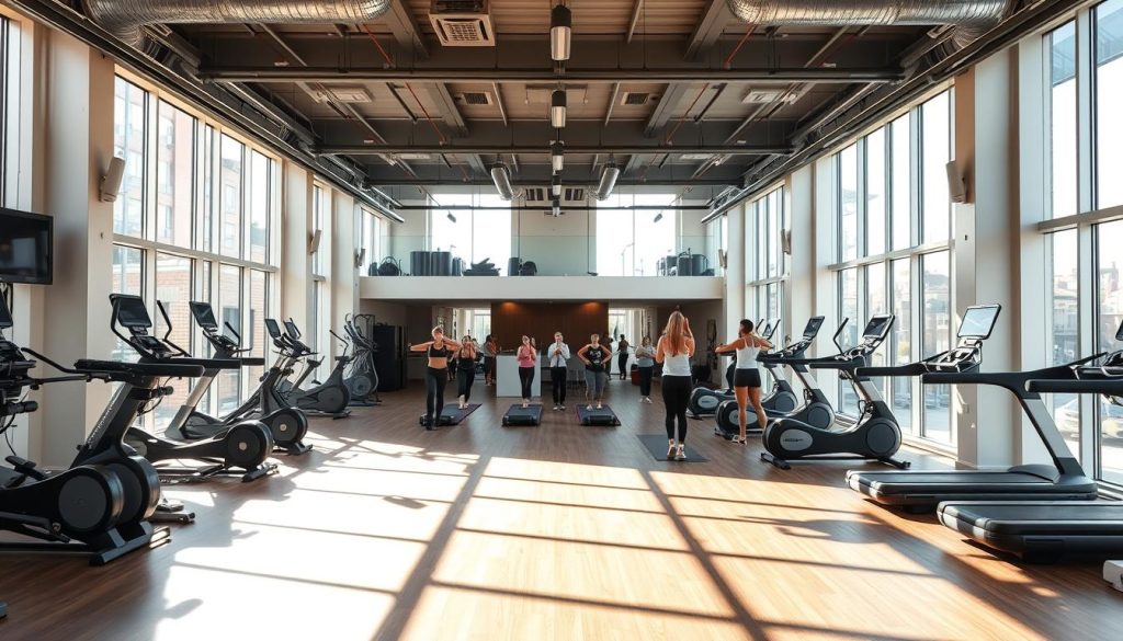 A modern, well-equipped fitness center in Istanbul, Turkey. The foreground showcases a large, open workout space with state-of-the-art cardio and strength training equipment. Sunlight streams in through floor-to-ceiling windows, creating a bright, airy atmosphere. In the middle ground, a group of people engage in yoga and Pilates classes in a dedicated studio. The background features a sleek, minimalist lobby with a reception desk and lounge area. The overall scene conveys a sense of wellness, rejuvenation, and a commitment to healthy living in the heart of this vibrant city. A modern, well-equipped fitness center in Istanbul, Turkey. The foreground showcases a large, open workout space with state-of-the-art cardio and strength training equipment. Sunlight streams in through floor-to-ceiling windows, creating a bright, airy atmosphere. In the middle ground, a group of people engage in yoga and Pilates classes in a dedicated studio. The background features a sleek, minimalist lobby with a reception desk and lounge area. The overall scene conveys a sense of wellness, rejuvenation, and a commitment to healthy living in the heart of this vibrant city.