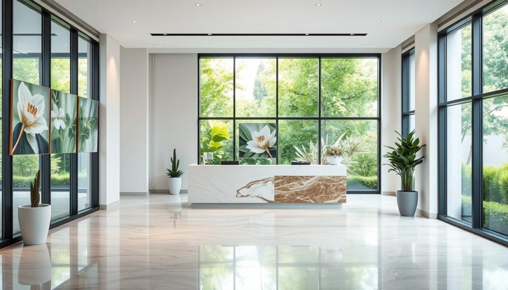 A modern, well-equipped medical facility nestled in the heart of Antalya, Turkey. The exterior features a sleek, minimalist design with large windows that flood the interior with natural light. The lobby is spacious and welcoming, with a reception desk made of polished marble. The walls are adorned with soothing, nature-inspired artwork. In the background, you can see the lush, verdant gardens that surround the clinic, creating a serene and calming atmosphere. The lighting is soft and diffused, adding to the tranquil ambiance. The overall impression is one of professionalism, care, and attention to detail, reflecting the high-quality medical services provided within.