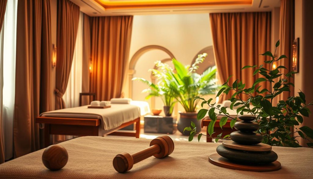 A serene Anatolian massage studio, bathed in warm, diffused lighting. Velvety draperies frame elegant wooden massage tables, adorned with plush linens. Soothing aromas of essential oils permeate the air, while soft, instrumental music creates a tranquil ambiance. In the foreground, expertly crafted massage tools, such as wooden mallets and heated stones, hint at the restorative techniques practiced within. The middle ground features lush, leafy plants, their verdant foliage adding a calming, natural touch. In the background, subtle architectural details evoke the rich cultural heritage of the Anatolian region. An atmosphere of total relaxation and rejuvenation pervades the scene.