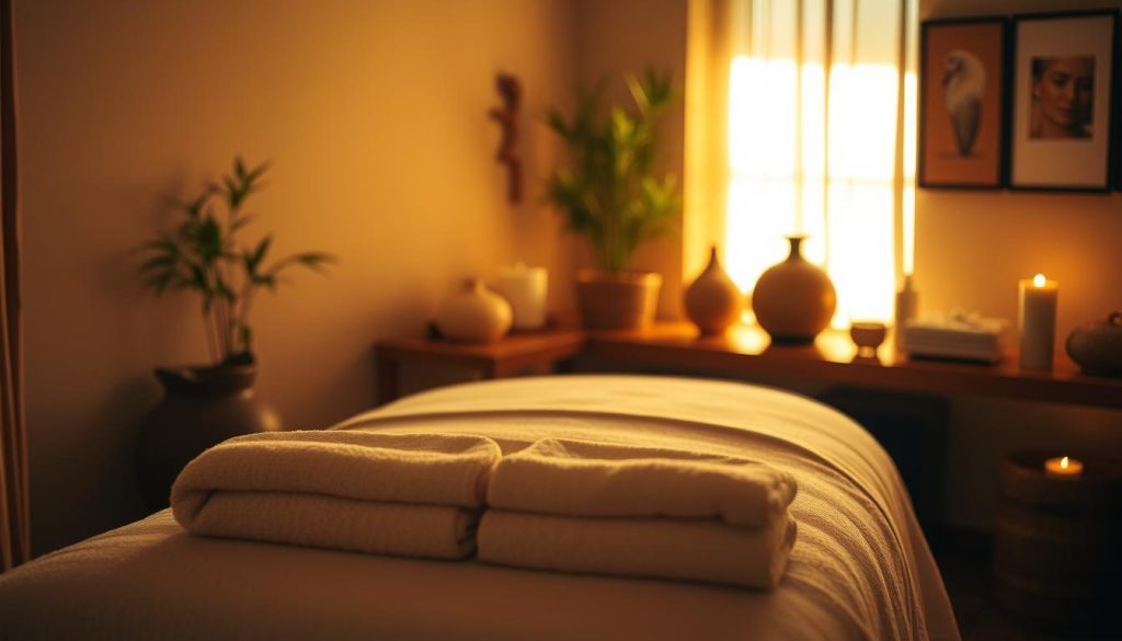 A serene Lomi Lomi massage session in a cozy, dimly lit spa room. Soft, natural lighting bathes the scene, creating a warm, soothing atmosphere. In the foreground, a massage table is neatly prepared with plush towels and pillows, inviting the recipient to relax and unwind. In the middle ground, an array of therapeutic oils and lotions are carefully arranged, ready to be used in the restorative massage. The background features subtle, calming decor, such as bamboo plants and soothing wall art, further enhancing the tranquil ambiance. The overall scene conveys a sense of deep relaxation and stress relief, perfectly suited for the Lomi Lomi massage experience. A serene Lomi Lomi massage session in a cozy, dimly lit spa room. Soft, natural lighting bathes the scene, creating a warm, soothing atmosphere. In the foreground, a massage table is neatly prepared with plush towels and pillows, inviting the recipient to relax and unwind. In the middle ground, an array of therapeutic oils and lotions are carefully arranged, ready to be used in the restorative massage. The background features subtle, calming decor, such as bamboo plants and soothing wall art, further enhancing the tranquil ambiance. The overall scene conveys a sense of deep relaxation and stress relief, perfectly suited for the Lomi Lomi massage experience.