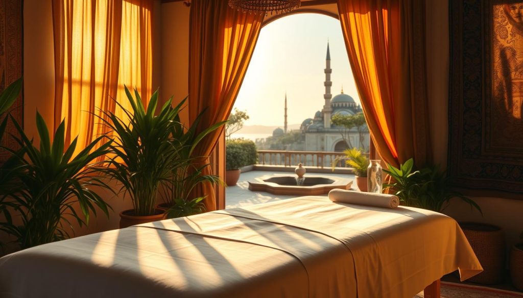 A serene Thai massage studio in Istanbul, bathed in warm, golden light. In the foreground, a plush massage table draped with crisp, white linens, surrounded by bamboo accents and lush, verdant plants. In the middle ground, ornate silk tapestries adorn the walls, reflecting the vibrant, jewel-toned colors of a traditional Thai design aesthetic. The background features a tranquil, open-air courtyard, with a gently flowing water feature and the silhouettes of distant minarets against a hazy, azure sky. The overall mood is one of relaxation, balance, and a harmonious fusion of Eastern and Western influences.
