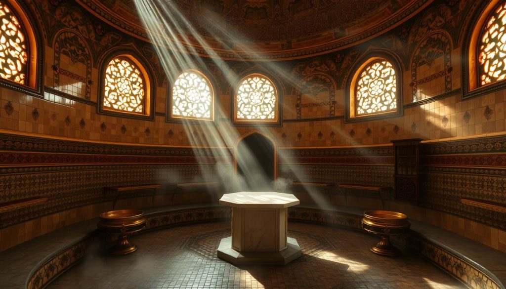 A serene Turkish bath house interior, with intricate tile mosaics adorning the walls and domed ceiling. Shafts of warm, golden light filter through ornate latticed windows, casting a cozy glow over the steamy, tiled chamber. In the center, a large, heated marble plinth stands, surrounded by ornate, brass-trimmed basins and shelves for bathing. The atmosphere is one of tranquility and timeless tradition, inviting visitors to experience the restorative power of the historic hammam ritual. A serene Turkish bath house interior, with intricate tile mosaics adorning the walls and domed ceiling. Shafts of warm, golden light filter through ornate latticed windows, casting a cozy glow over the steamy, tiled chamber. In the center, a large, heated marble plinth stands, surrounded by ornate, brass-trimmed basins and shelves for bathing. The atmosphere is one of tranquility and timeless tradition, inviting visitors to experience the restorative power of the historic hammam ritual.