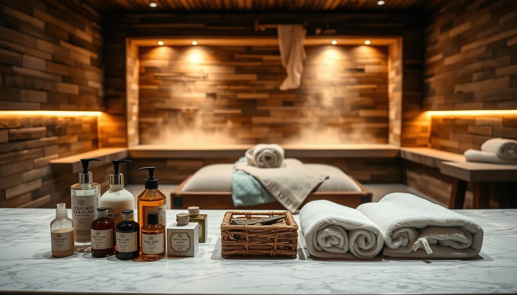 A serene Turkish hamam scene featuring a luxurious spa environment. In the foreground, an assortment of massage oils, soaps, and plush towels are artfully arranged on a polished marble counter. The middle ground showcases a traditional wooden ottoman, draped with soft textiles, inviting visitors to indulge in a rejuvenating massage. In the background, the steam-filled hamam chamber is illuminated by warm, ambient lighting, creating a soothing and tranquil atmosphere. The overall composition evokes a sense of relaxation and rejuvenation, perfectly capturing the essence of the "Wellness Treatments & Spa Enhancements" section of the article.