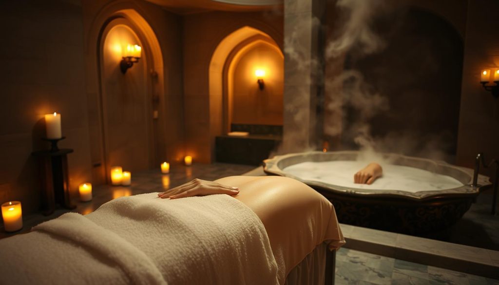 A serene Turkish hammam interior, dimly lit with warm, flickering candles. In the foreground, a marble slab where a luxurious foam massage is in progress, the masseuse's skilled hands gently working the supple skin. Surrounding the massage, an ornate basin filled with steaming, fragrant water and a traditional loofah scrub, ready to exfoliate and rejuvenate. In the background, arched doorways lead to other chambers, hinting at the immersive, calming experience of this authentic Turkish bath ritual. Soft, muted tones create a soothing, tranquil atmosphere, inviting the viewer to escape the stresses of Istanbul and indulge in this time-honored tradition.