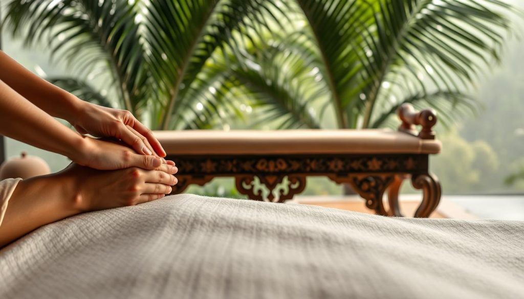 A serene and atmospheric scene showcasing traditional Thai massage techniques. In the foreground, hands deftly kneading and manipulating muscles, capturing the soothing, therapeutic motions of a classic Thai massage. The middle ground features an ornately decorated Thai massage table, its elegant lines and carved details reflecting the ancient heritage of this practice. In the background, a lush, tropical setting with swaying palm fronds and diffused natural lighting, creating a tranquil, meditative ambiance. The overall composition evokes a sense of harmony, relaxation, and the fusion of mind, body, and spirit that is the hallmark of authentic Thai massage.