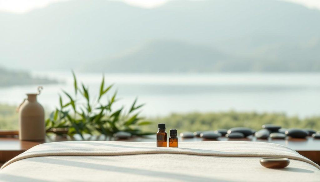 A serene and calming scene depicting the role of massage in alternative medicine. A tranquil, minimalist setting with soft lighting and muted colors. In the foreground, a massage table with plush bedding and essential oils. In the middle ground, soothing greenery and natural textures, such as bamboo or river stones. The background features a calming, blurred landscape with gentle hills or a peaceful body of water. The overall atmosphere evokes a sense of balance, healing, and holistic well-being, reflecting the scientific evidence and areas of application for massage therapy.