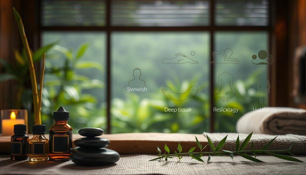 A serene and dimly lit massage studio, showcasing various massage techniques and their benefits. In the foreground, a calming still life arrangement of essential oils, stones, and bamboo. In the middle ground, delicate illustrations of different massage modalities - Swedish, deep tissue, hot stone, and reflexology - depicted with intricate detail. The background features a soothing, blurred landscape of lush greenery, creating a tranquil and rejuvenating atmosphere. The lighting is soft and warm, evoking a sense of relaxation and well-being. This image captures the essence of diverse massage therapies and their ability to enhance beauty and strengthen health.