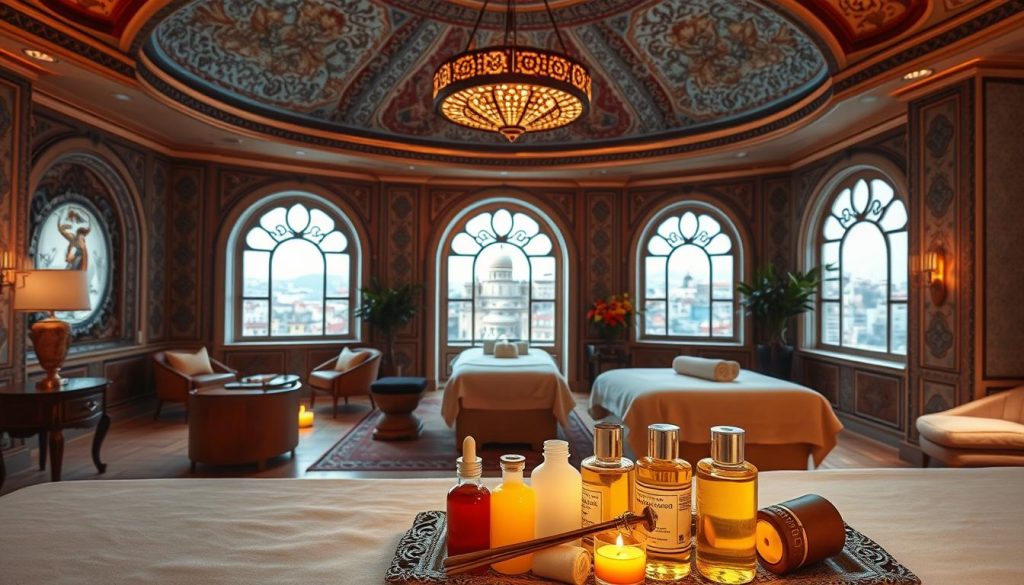 A serene and elegant Turkish-style spa nestled in the heart of historic Istanbul, featuring ornate domed ceilings, intricate tiled walls, and plush lounge areas. Warm, soft lighting casts a cozy glow, setting the stage for a truly rejuvenating massage experience. In the foreground, a display of aromatic oils and massage tools, hinting at the luxurious treatments on offer. The middle ground showcases a spacious massage room with opulent furnishings, while the background reveals glimpses of the city's iconic architecture through large windows, connecting the spa to its vibrant urban surroundings.