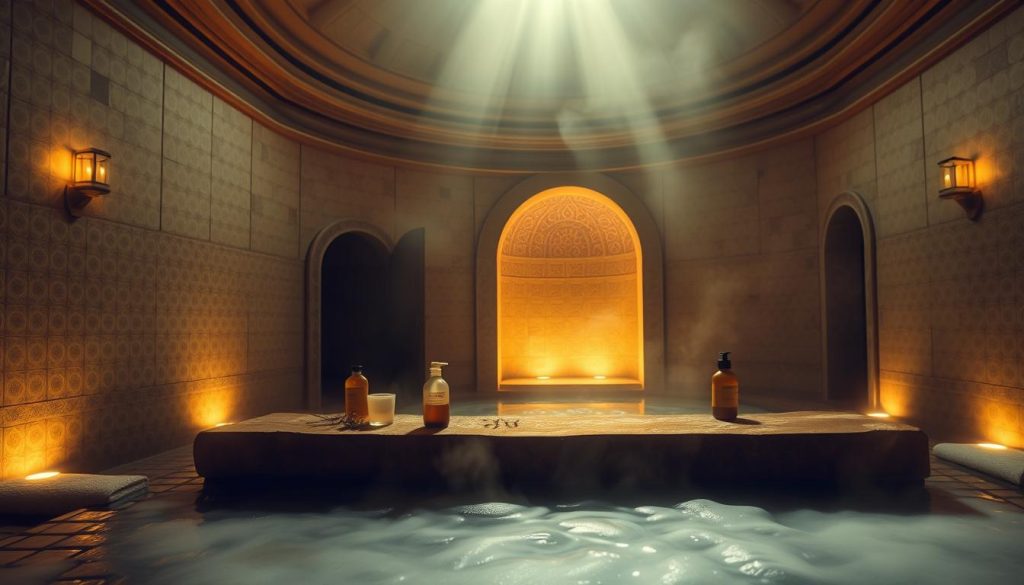 A serene and inviting hammam interior, bathed in soft, warm lighting. In the foreground, a stone slab with steaming water and aromatic oils, inviting visitors to indulge in a rejuvenating ritual. In the middle ground, intricate tilework and arched doorways, hinting at the ancient traditions of this Turkish bath. The background features a domed ceiling, casting a soothing, ethereal glow throughout the space. The atmosphere exudes a sense of tranquility and relaxation, beckoning the viewer to experience the restorative benefits of the hammam. A serene and inviting hammam interior, bathed in soft, warm lighting. In the foreground, a stone slab with steaming water and aromatic oils, inviting visitors to indulge in a rejuvenating ritual. In the middle ground, intricate tilework and arched doorways, hinting at the ancient traditions of this Turkish bath. The background features a domed ceiling, casting a soothing, ethereal glow throughout the space. The atmosphere exudes a sense of tranquility and relaxation, beckoning the viewer to experience the restorative benefits of the hammam.