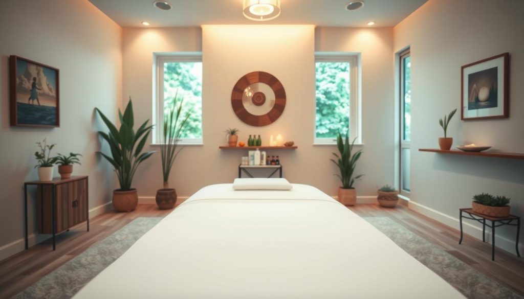 A serene and professional-looking massage therapy consultation room. The room is bathed in warm, soft lighting, creating a calming atmosphere. In the foreground, a modern and minimalist massage table takes center stage, its clean lines and neutral tones inviting relaxation. Tasteful, natural decor such as potted plants and artwork adorn the walls, complementing the soothing color palette. The middle ground features a small side table with neatly arranged massage oils, lotions, and other essential tools. In the background, a large window offers a glimpse of lush greenery outside, further enhancing the tranquil and rejuvenating ambiance of the space.