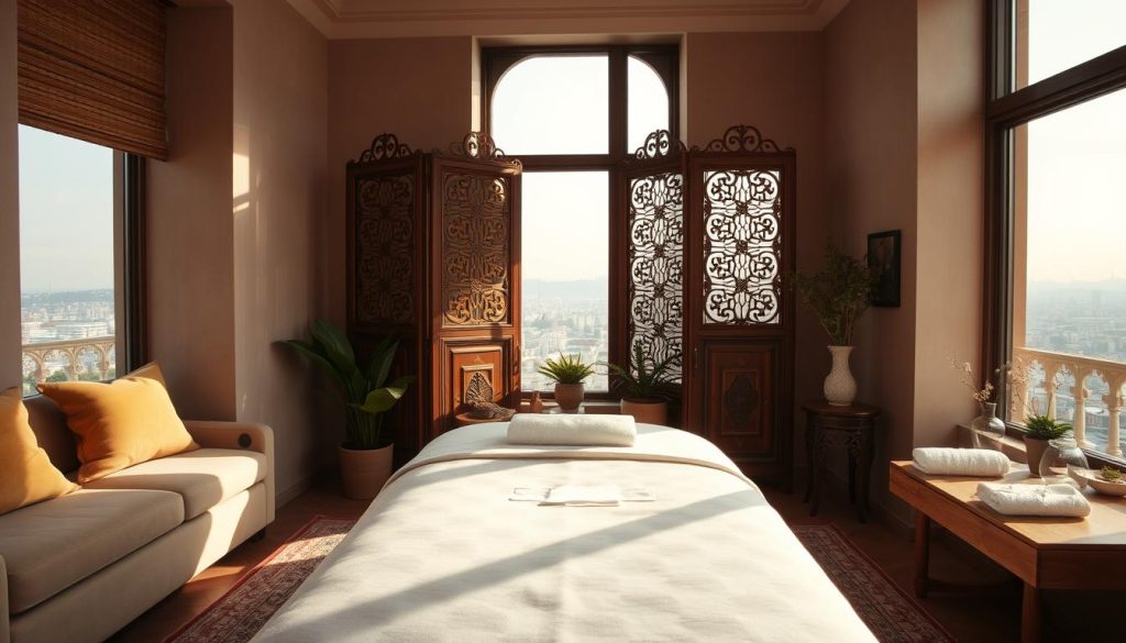 A serene and tranquil massage salon nestled in the heart of Istanbul, with plush, earth-toned furnishings and natural lighting filtering through large windows. Ornate, carved wooden screens lend an air of privacy and exclusivity, while the scent of soothing essential oils permeates the air. In the foreground, a luxurious massage table awaits, its crisp, white linens inviting guests to indulge in a rejuvenating experience. The middle ground features a collection of potted plants and delicate, decorative accents, creating a calming, restorative atmosphere. In the background, a view of the bustling city skyline serves as a subtle reminder of the tranquility found within this oasis of wellness.