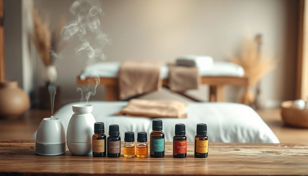 A serene and tranquil scene of an aromatherapy spa setting. In the foreground, a selection of essential oil bottles and diffuser devices are neatly arranged on a wooden table, emitting delicate wisps of fragrant steam. The middle ground features a plush massage table, draped with soft, luxurious linens, hinting at the soothing therapeutic experience to come. In the background, a minimalist, natural environment with earthy tones and warm, diffused lighting creates a calming, spa-like ambiance. The overall composition radiates a sense of relaxation, well-being, and the harmonious fusion of aromatherapy and massage therapy.