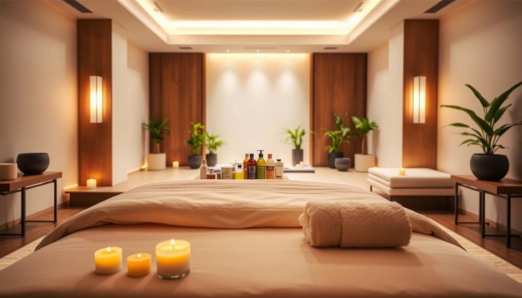 A serene and tranquil scene of the Oberoi Signature Massage. In the foreground, a plush massage table draped in luxurious linens, surrounded by an array of soothing aromatherapy candles, their warm flickering light casting a soft, calming glow. In the middle ground, a variety of massage oils and lotions, their colors and textures inviting the senses. The background features a minimalist, zen-inspired interior, with natural wood accents and potted plants, creating a harmonious and rejuvenating atmosphere. Soft, diffused lighting from overhead fixtures illuminates the scene, evoking a sense of relaxation and well-being. The overall mood is one of tranquility, inviting the viewer to imagine the restorative power of the Oberoi Signature Massage.