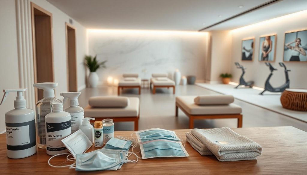 A serene and well-appointed spa interior, showcasing the health protocols in place for a comfortable and secure experience. In the foreground, a neatly arranged selection of sanitizing products, face masks, and temperature-checking devices. The middle ground features plush lounge chairs spaced apart, with calming lighting and tranquil decor evoking a sense of relaxation. In the background, a minimalist wellness area with exercise equipment and wellness-themed artwork, all bathed in soft, natural lighting. The overall atmosphere exudes a balanced blend of traditional Turkish spa ambiance and modern safety measures, inviting guests to unwind with peace of mind.