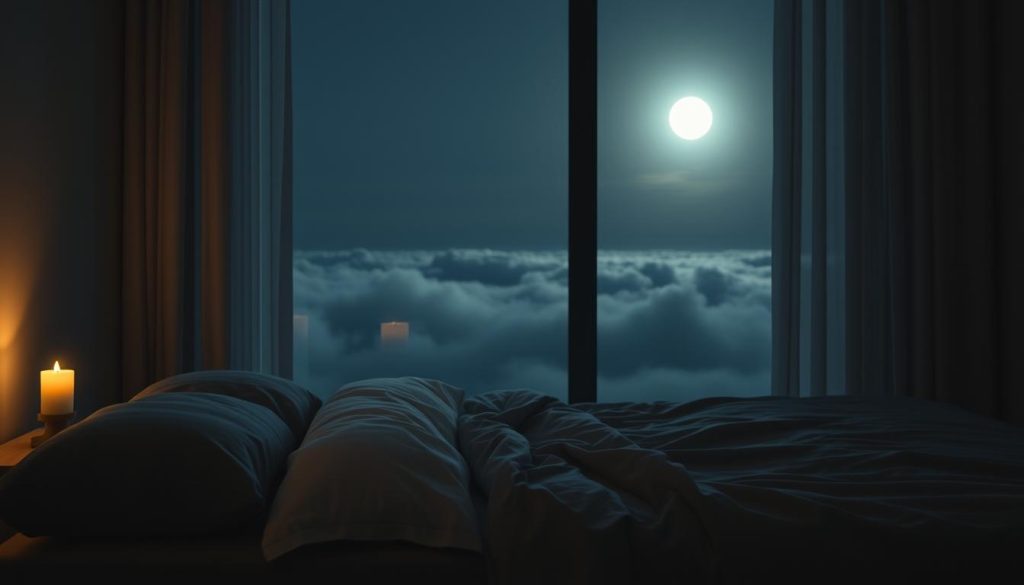 A serene bedroom at night, dimly lit by a soft, warm glow. In the foreground, a plush, inviting bed with crisp, white linens and a fluffy, gray duvet. Beside the bed, a minimalist nightstand holds a single, lit candle, casting gentle shadows across the room. In the middle ground, a large window overlooks a peaceful, moonlit landscape, creating a calming, tranquil atmosphere. The background is filled with soft, wispy clouds, adding to the sense of tranquility and relaxation. The overall scene conveys a sense of comfort and rejuvenation, perfectly suited for a restful, restorative sleep.