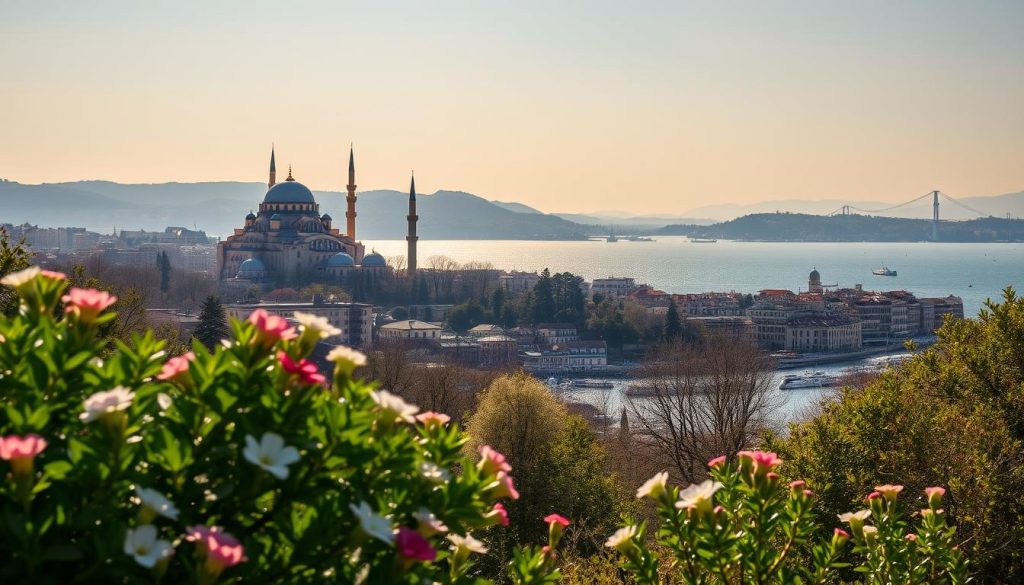 A serene cityscape of Istanbul, Turkey in early spring. In the foreground, lush green foliage and blooming flowers adorn a tranquil garden. The middle ground features the iconic domes and minarets of Hagia Sophia and the Blue Mosque, bathed in warm, golden sunlight. In the background, the shimmering waters of the Bosphorus Strait are framed by distant hills and a clear, azure sky. The atmosphere is one of renewal and rejuvenation, with a sense of calm and balance pervading the scene. A perfect setting to illustrate the transition into the spring season and the restorative power of massage. A serene cityscape of Istanbul, Turkey in early spring. In the foreground, lush green foliage and blooming flowers adorn a tranquil garden. The middle ground features the iconic domes and minarets of Hagia Sophia and the Blue Mosque, bathed in warm, golden sunlight. In the background, the shimmering waters of the Bosphorus Strait are framed by distant hills and a clear, azure sky. The atmosphere is one of renewal and rejuvenation, with a sense of calm and balance pervading the scene. A perfect setting to illustrate the transition into the spring season and the restorative power of massage.