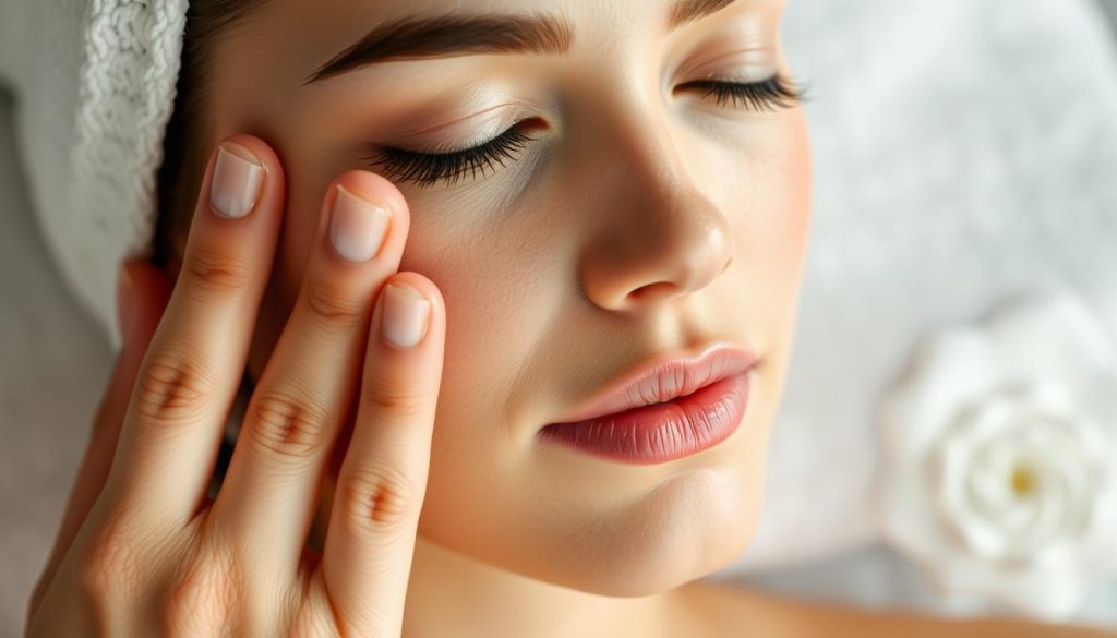 A serene, close-up facial scene showcasing the reduction of skin puffiness through gentle, soothing facial massage. The model's face is illuminated by soft, diffused lighting, capturing the delicate, refined texture of the skin. In the foreground, elegant fingers perform a series of effortless, rhythmic motions, kneading and stimulating the facial contours to promote lymphatic drainage and minimize puffiness. The middle ground focuses on the tranquil expression of the model, their eyes closed in a state of deep relaxation. The background is blurred, creating a tranquil, spa-like atmosphere that enhances the calming, therapeutic essence of the scene. The overall image conveys the restorative power of facial massage and its ability to revitalize and rejuvenate the skin.
