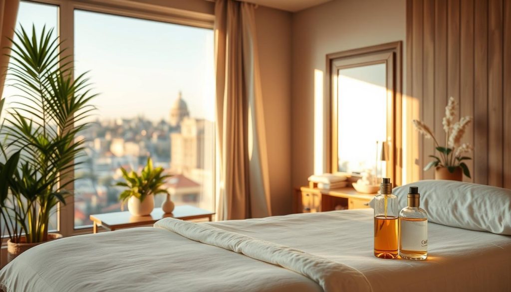 A serene, cozy home interior in Istanbul, bathed in warm, soft lighting. In the foreground, a plush, inviting massage table adorned with crisp white linens and fluffy pillows. Beside it, a side table holds elegant glass bottles of fragrant massage oils. The middle ground features a tranquil, minimalist decor with natural wood accents and lush potted plants. In the background, a large window overlooks the iconic Istanbul skyline, hinting at the city's vibrant energy outside. An atmosphere of comfort, relaxation, and wellness permeates the scene. A serene, cozy home interior in Istanbul, bathed in warm, soft lighting. In the foreground, a plush, inviting massage table adorned with crisp white linens and fluffy pillows. Beside it, a side table holds elegant glass bottles of fragrant massage oils. The middle ground features a tranquil, minimalist decor with natural wood accents and lush potted plants. In the background, a large window overlooks the iconic Istanbul skyline, hinting at the city's vibrant energy outside. An atmosphere of comfort, relaxation, and wellness permeates the scene.