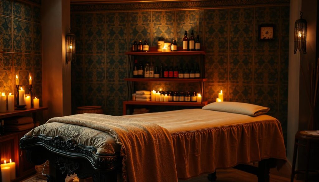 A serene, dimly lit Ayurvedic spa in Istanbul, Turkey. The foreground features an ornate wooden massage table draped with soft, earthy-toned linens. Flickering candles cast a warm, calming glow throughout the space. In the middle ground, shelves display an array of Ayurvedic oils, incense, and herbal remedies. The background depicts a wall adorned with intricate Turkish tiles in muted tones of blue, green, and gold. The overall atmosphere evokes a sense of balance, harmony, and a deep connection to ancient healing traditions.